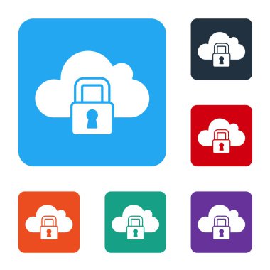 Beyaz Bulut bilgisayar kilidi simgesi beyaz arkaplanda izole edildi. Güvenlik, güvenlik, koruma kavramı. Kişisel verilerin korunması. Renkli kare düğmelerle simgeleri ayarla. Vektör.