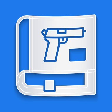 Kağıt kesiği, tabanca ya da silah ikonu olan bir kitap. Mavi arka planda. Polis ya da askeri silah. Küçük ateşli silah. Silah kataloğu. Kağıt sanatı tarzı. Vektör.
