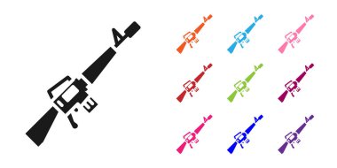Siyah M16A1 tüfek ikonu beyaz arka planda izole edildi. Amerikan Ordusu M16 tüfeği. Simgeleri renklendirin. Vektör.