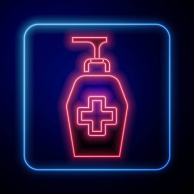 Parlayan neon lambalı antibakteriyel sabun ve mavi arka planda izole edilmiş şeker ikonu. Antiseptik. Dezenfeksiyon, hijyen, cilt bakımı. Vektör.