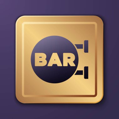 Mor arka planda izole edilmiş yazıt çubuğu simgesi olan Purple Street tabelası. Reklamlar için uygun bar, kafe, restoran. Altın kare düğme. Vektör.