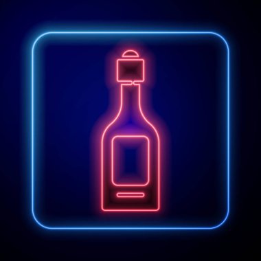 Parlayan neon şampanya şişesi ikonu mavi arka planda izole edilmiş. Vektör.