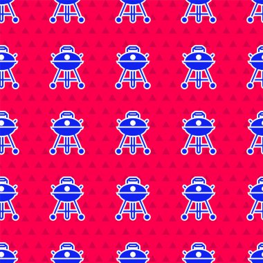 Mavi ızgara ikonu, kırmızı arkaplanda izole edilmiş, pürüzsüz desen. Barbekü ızgara partisi. Vektör.