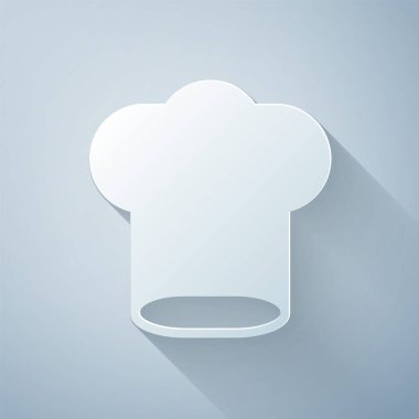 Kağıt kesiği Şef şapkası simgesi gri arkaplanda izole edilmiş. Aşçılık sembolü. Aşçı şapkası. Kağıt sanatı tarzı. Vektör.