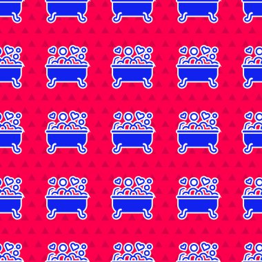 Mavi Romantik 'in banyo ikonu kırmızı arka planda izole edilmiş kusursuz desen. Romantik randevu kavramı. En sevdiği köpüklü romantik banyo. Vektör.