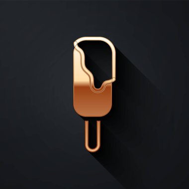 Siyah arka planda izole edilmiş altın dondurma ikonu. Güzel sembol. Uzun gölge tarzı. Vektör.