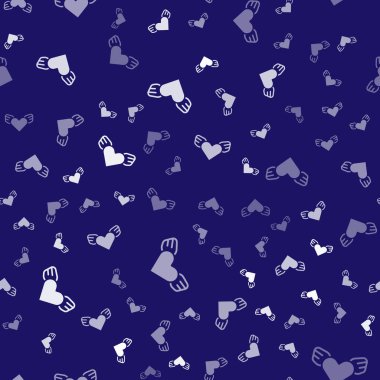 Kanat simgesine sahip beyaz kalp mavi arka planda izole edilmiş pürüzsüz desen. Aşk sembolü. Sevgililer Günü. Vektör.