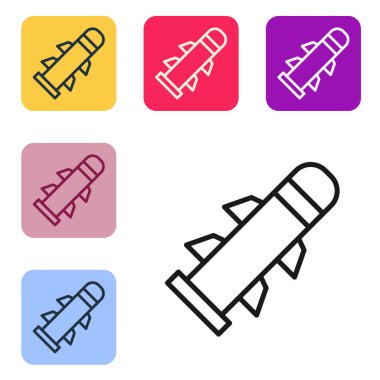 Siyah çizgi simgesi beyaz arkaplanda izole edildi. Renkli kare düğmelerle simgeleri ayarla. Vektör.