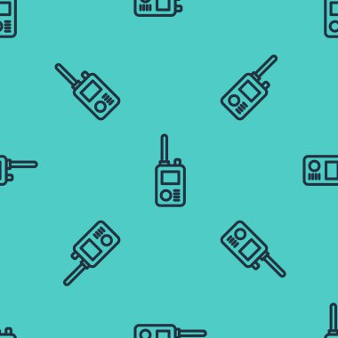 Siyah çizgi telsiz ikonu yeşil arka planda kusursuz desen izole etti. Taşınabilir radyo vericisi simgesi. Radyo alıcı-vericisi işareti. Vektör.