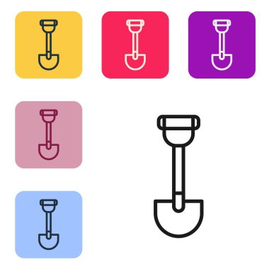 Beyaz arka planda izole edilmiş asker ikonu için siyah çizgi istihkamcı küreği. Renkli kare düğmelerle simgeleri ayarla. Vektör.