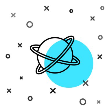 Dünya 'nın yörüngesindeki siyah çizgi yapay uyduları beyaz arka planda izole edilmiş uzay ikonunda. İletişim, navigasyon konsepti. Rastgele dinamik şekiller. Vektör.