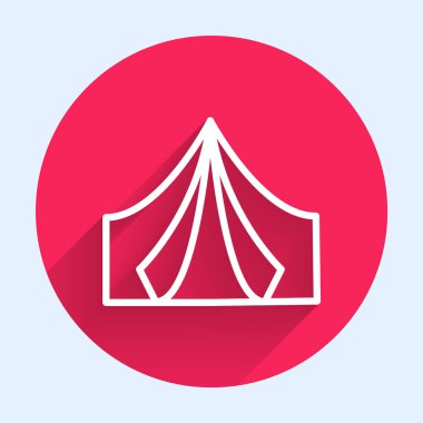 Uzun gölgeli beyaz çizgi turist çadırı simgesi. Kamp sembolü. Kırmızı daire düğmesi. Vektör.