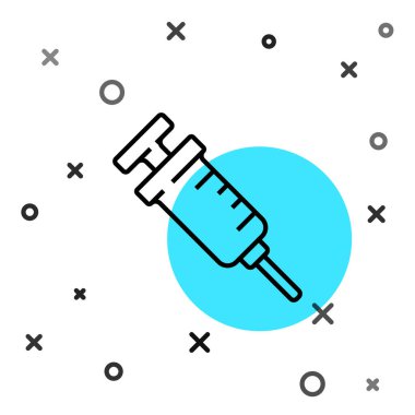 Siyah çizgi GDO şırınga simgesi beyaz arkaplanda izole edildi. Genetik olarak değiştirilmiş organizma kısaltması. DNA gıda modifikasyonu. Rastgele dinamik şekiller. Vektör.