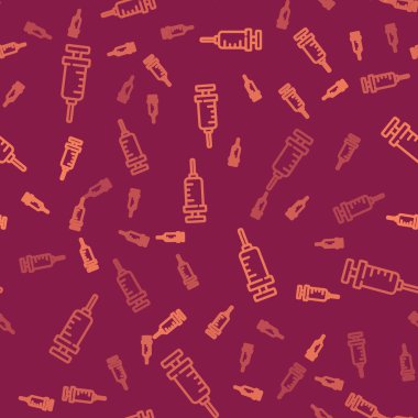 Kahverengi çizgi GMO şırınga ikonu kırmızı arkaplanda izole edilmiş pürüzsüz desen. Genetik olarak değiştirilmiş organizma kısaltması. DNA gıda modifikasyonu. Vektör.