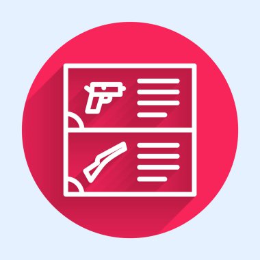 Beyaz çizgi silah katalogu simgesi uzun gölgeli izole edildi. Polis ya da askeri silah. Küçük ateşli silah. Kırmızı daire düğmesi. Vektör.