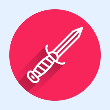 Uzun gölgeli beyaz çizgi askeri bıçak ikonu. Kırmızı daire düğmesi. Vektör.