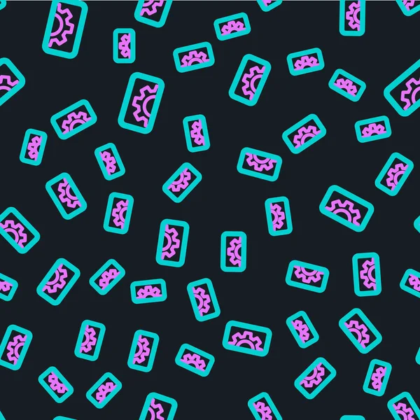 Line Yazılım, Web Geliştirme, programlama konsepti simgesi siyah arkaplanda izole edilmiş kusursuz desen. Mobil ekranda programlama dili ve program kodu. Vektör.