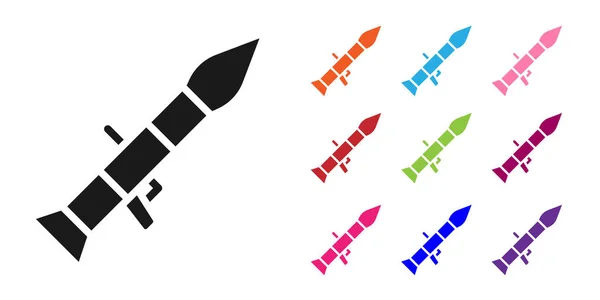Black Rocket Avfyrare Med Missil Ikon Isolerad Vit Bakgrund Ställ — Stock vektor