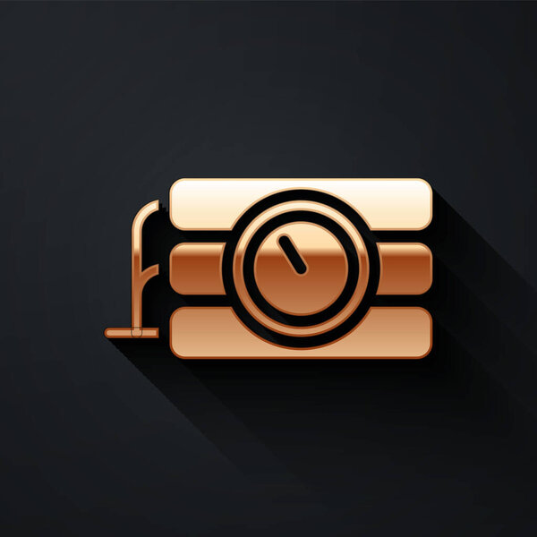 Gold Detonate dynamite bomb stick and timer clock icon isolated on black background. Time bomb - explosion danger concept. Long shadow style. Vector.