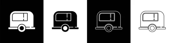 Nastavit Ikonu Přívěsu Camping Izolované Černobílém Pozadí Cestovní Karavan Karavan — Stockový vektor