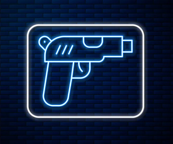 Brillante Línea Neón Pistola Pistola Icono Aislado Fondo Pared Ladrillo — Vector de stock