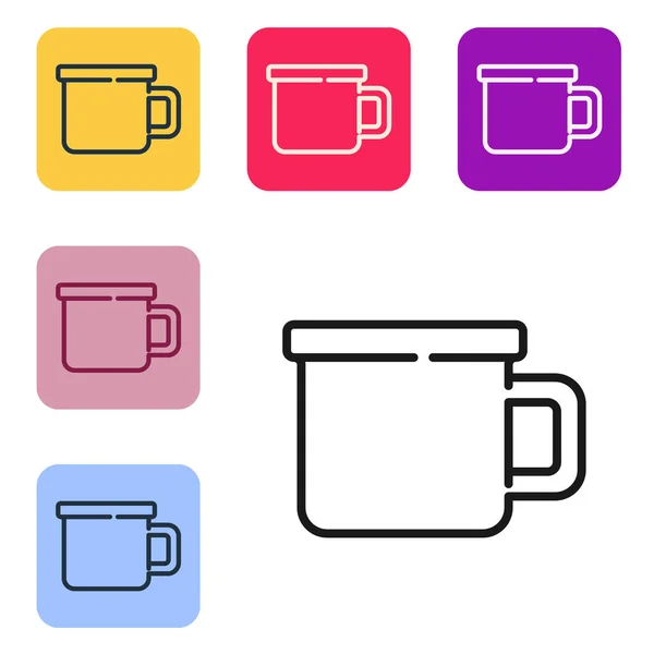 Línea Negra Camping Icono Taza Metal Aislado Sobre Fondo Blanco — Vector de stock