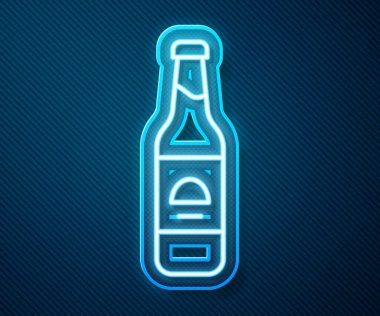 Parlayan neon hattı bira şişesi ikonu mavi arka planda izole edildi. Vektör.