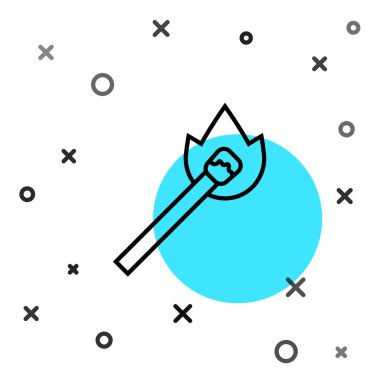 Beyaz arkaplanda izole edilmiş ateş ikonu ile siyah çizgi yakma kibriti. Ateşle maç. Kibrit işareti. Rastgele dinamik şekiller. Vektör.