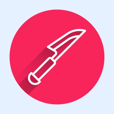 Beyaz çizgi bıçak ikonu uzun gölgeli izole edilmiş. Çatal bıçak sembolü. Kırmızı daire düğmesi. Vektör.