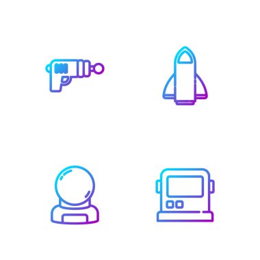 Astronot miğferi, ışın silahı ve roket gemisi ayarlayın. Renk simgeleri. Vektör.