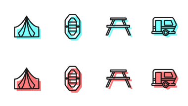 Sıralı piknik masası, banklar, turist çadırı, rafting botu ve karavan ikonu. Vektör.
