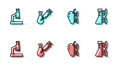 Genetik olarak modifiye edilmiş elma, mikroskop, Gmo araştırma tavuğu ve DNA araştırması ikonu. Vektör.