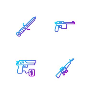 Sıra M16A1 tüfeği, silah tabancası, askeri bıçak ve Mauser. Renk simgeleri. Vektör.