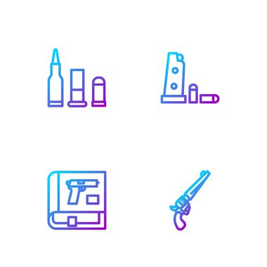 Revolver silahı, tabancalı kitap, kurşun ve silah şarjörü ve mermiler. Renk simgeleri. Vektör.