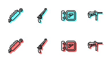 Avcı silahı, tuzak avı, Revolver silahı ve Submachine M3 simgesi ayarla. Vektör.