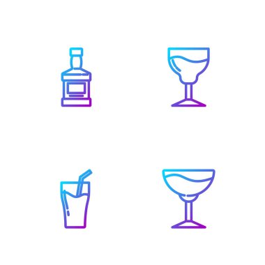 Şarap kadehi, bir bardak meyve suyu, viski şişesi ve... Renk simgeleri. Vektör.