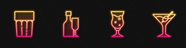 Bir bardak bira, su, şarap şişesi ve martini. Parlayan neon ikonu. Vektör.