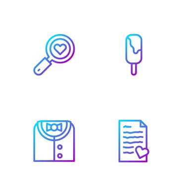 Zarfı sevgililer günü kalbiyle, takım elbisesiyle, arama ve sevgiyle ve dondurmayla ayarla. Renk simgeleri. Vektör.