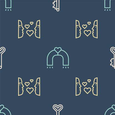 Anahtar 'ı kalp şeklinde ayarla, ilk görüşte aşk ve kusursuz desen üzerinde mıknatıs. Vektör.