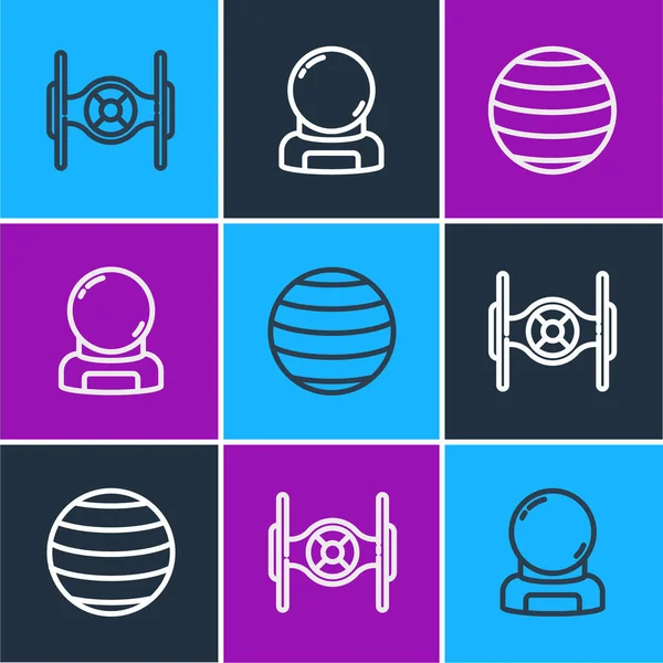 Kozmik gemi, Venüs Gezegeni ve astronot miğferi ikonu. Vektör.