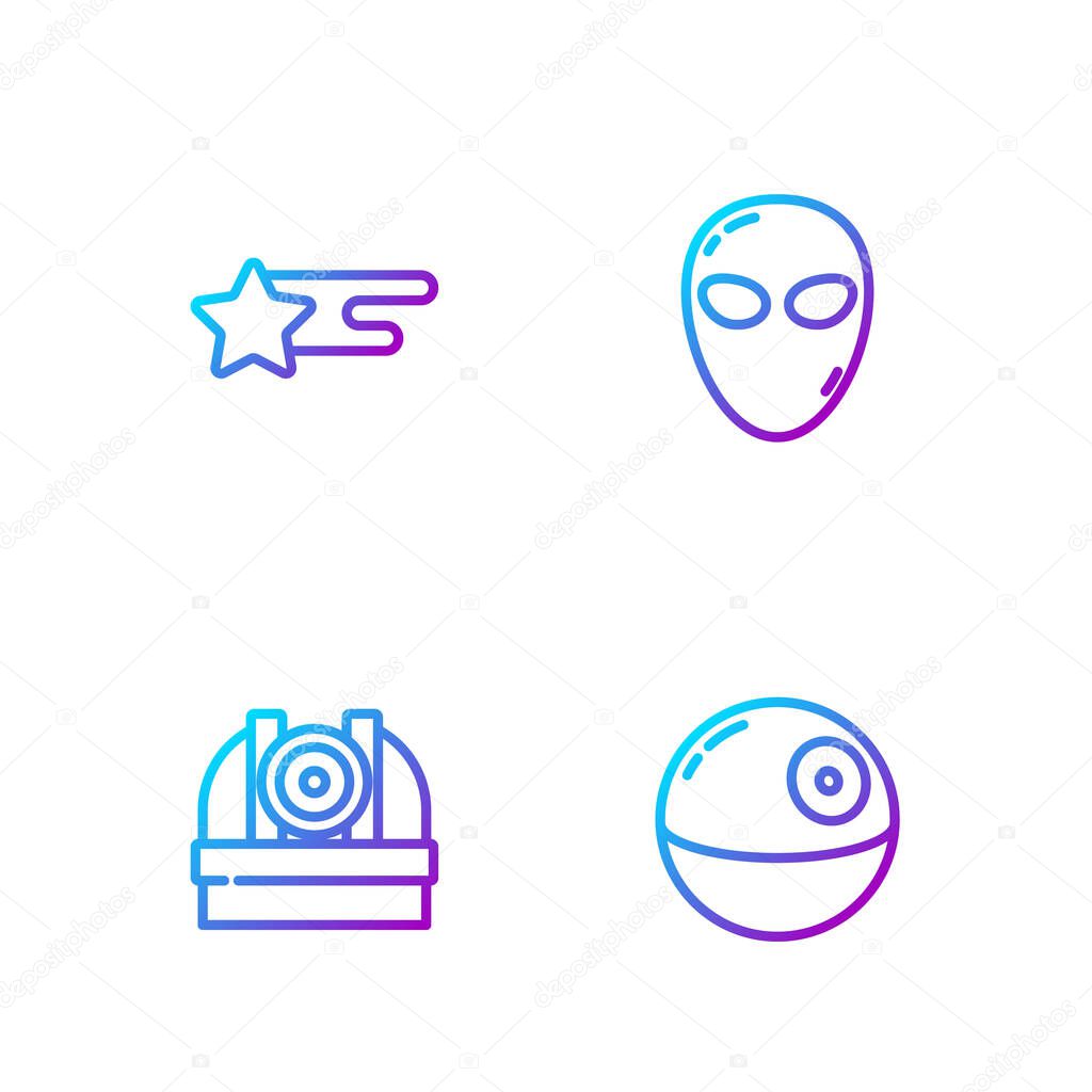 Set line Death star, Astronomical observatory, Falling and Alien. Gradient color icons. Vector.