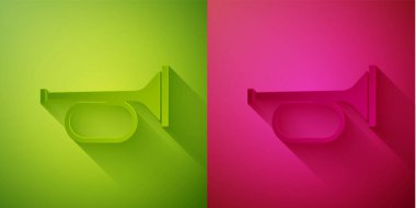 Kağıt kesiği Trompet simgesi yeşil ve pembe arka planda izole edilmiş. Müzik aleti trompeti. Kağıt sanatı tarzı. Vektör.