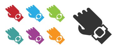 Siyah Akıllı saat beyaz arkaplanda izole edilmiş bir el simgesi. Fitness uygulaması konsepti. Simgeleri renklendirin. Vektör.