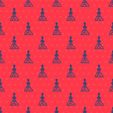 Kaya simgesindeki mavi çizgi kılıcı kırmızı arkaplanda izole edilmiş kusursuz desen. Taştaki kılıç Excalibur, Arthur efsanelerinden. Vektör.