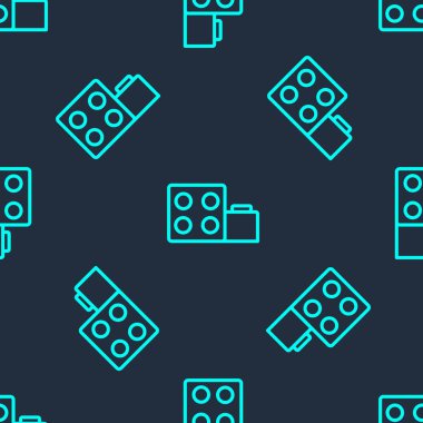 Çocuk simgesi için yeşil çizgi oyuncağı blok tuğlaları mavi arka planda izole edilmiş kusursuz desen. Vektör.