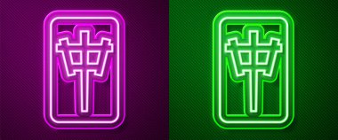 Parlayan neon hattı Mahjong parçaları mor ve yeşil arkaplanda izole edilmiş. Çin mahjong kırmızı ejderha oyunu emojisi. Vektör.