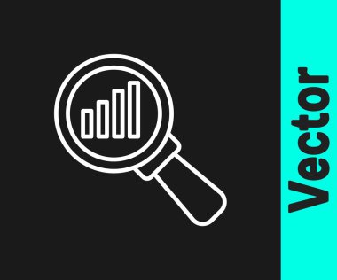 Beyaz çizgi büyüteç ve veri analiz simgesi siyah arkaplanda izole edildi. Vektör.