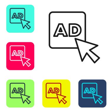 Beyaz arkaplanda siyah çizgi reklam simgesi izole edildi. Pazarlama ve tanıtım süreci kavramı. İlgili reklamlar. Sosyal medya reklamcılığı. Renkli kare düğmelerle simgeleri ayarla. Vektör.