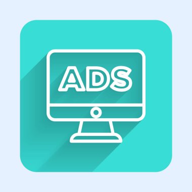 Beyaz çizgi reklam simgesi uzun gölgeli izole edildi. Pazarlama ve tanıtım süreci kavramı. İlgili reklamlar. Sosyal medya reklamcılığı. Yeşil kare düğmesi. Vektör.