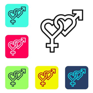 Beyaz arkaplanda siyah çizgi cinsiyet simgesi izole edildi. Erkek ve kadın sembolleri. Seks sembolü. Renkli kare düğmelerle simgeleri ayarla. Vektör.